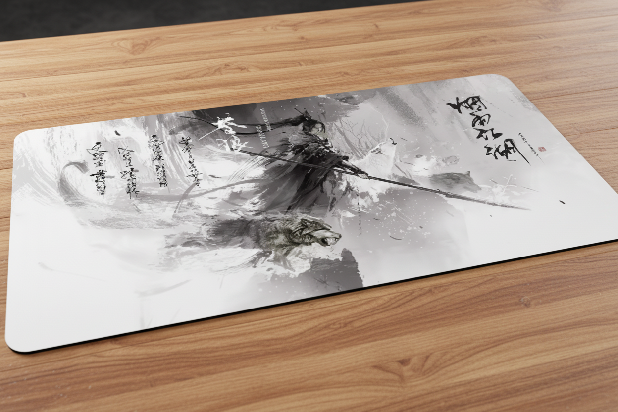 Artistic desk mat depiction of a warrior with a spear on a textured background