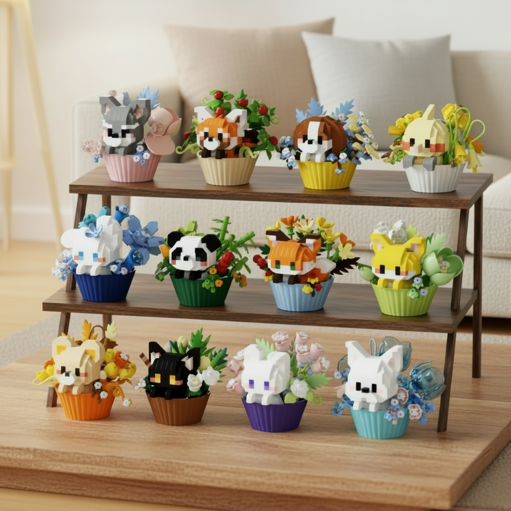 Collection of small figurines in cupcake-shaped holders on a white surface.
