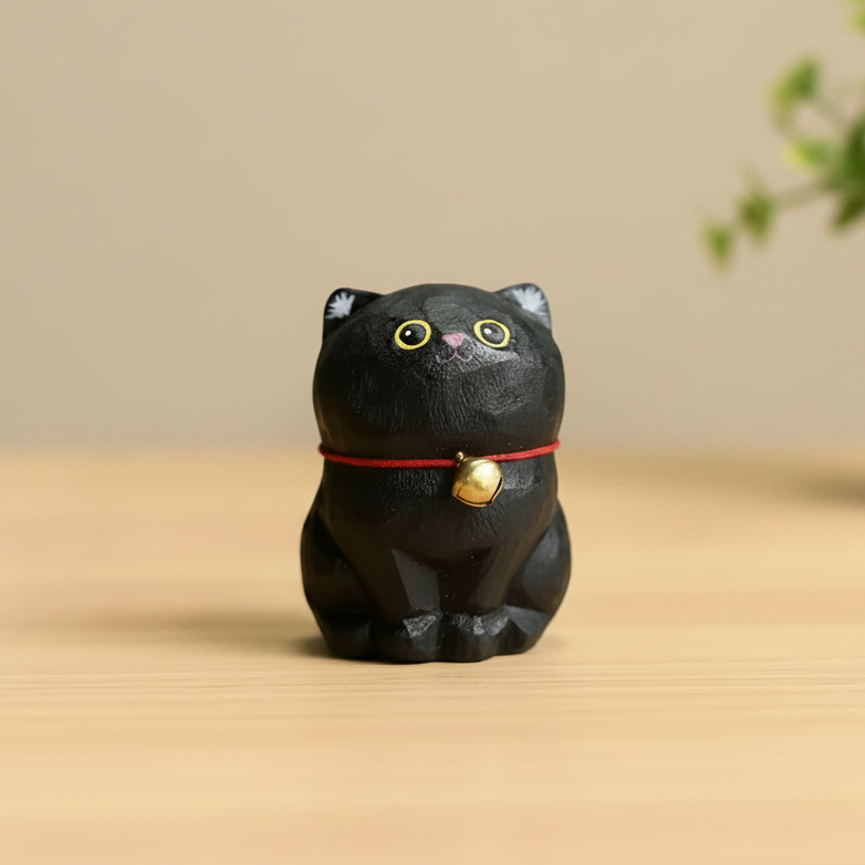 Small black cat figurine with a red collar held in a hand against a green leafy background