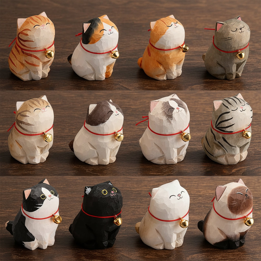 Collection of cat-shaped figurines with bell collars on a wooden surface