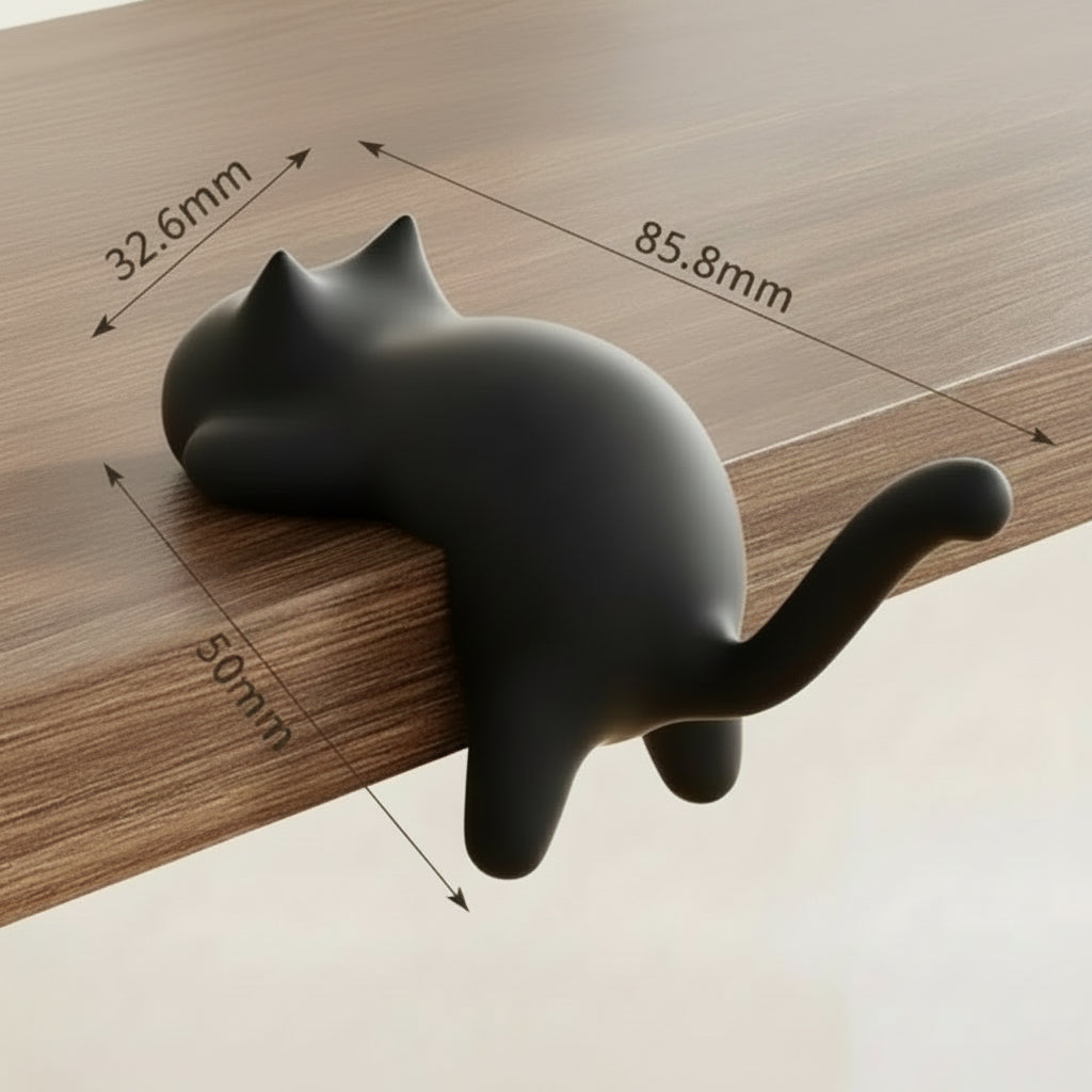 Black cat-shaped object with measurements on a wooden surface