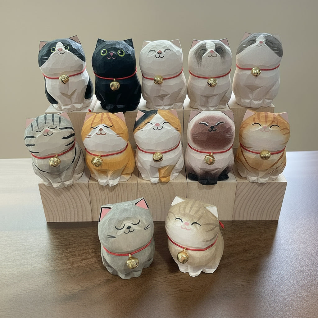 Collection of cat-shaped figurines with bell collars on a wooden surface.