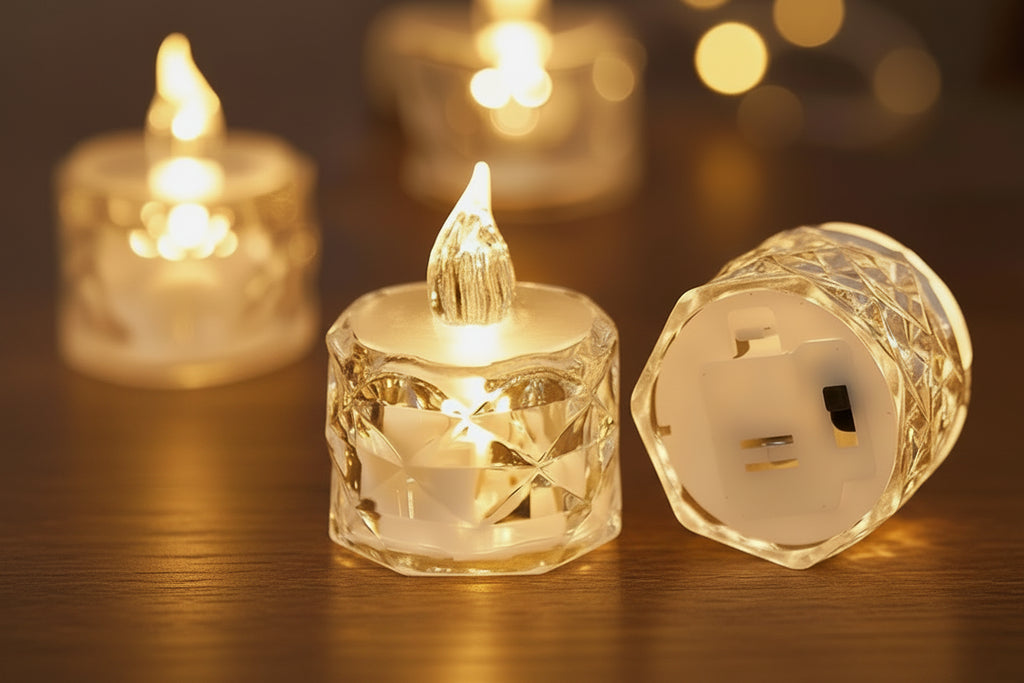 Battery-operated candle light with a red rose in the background
