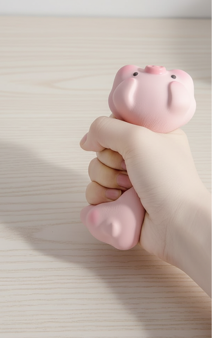 Hand holding a pink pig-shaped squishy wrist rest