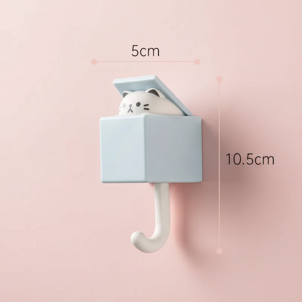 Wall-mounted hook with a small cat-shaped box and dimensions indicated.