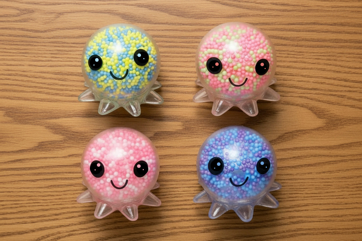 Four colorful, smiling ball-shaped squishy toys on a wooden surface