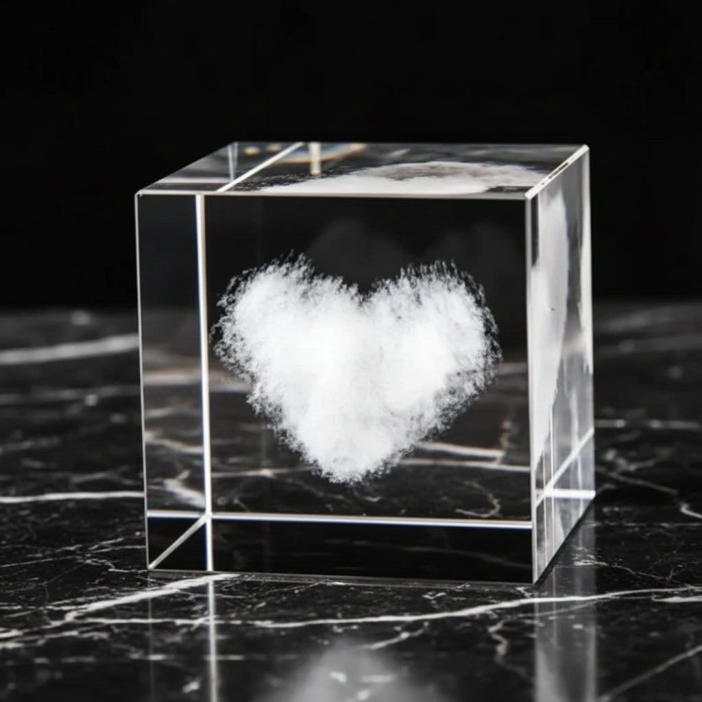 Clear crystal block with a heart-shaped object inside on a dark surface