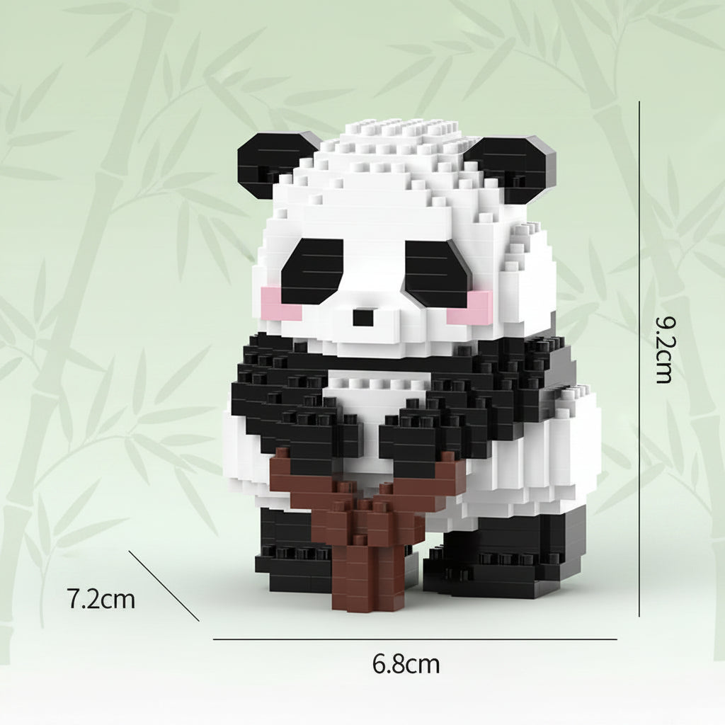 Panda-shaped toy made of small building blocks with dimensions indicated on a light green background