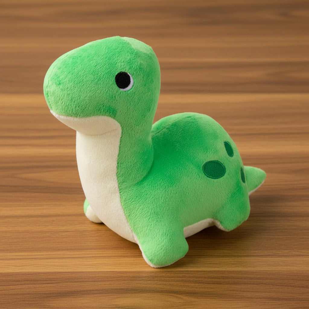 Green plush dinosaur toy on a white background