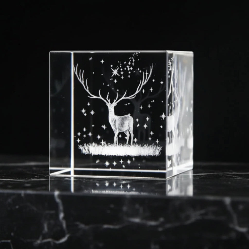 Crystal block with a deer and star design on a dark background