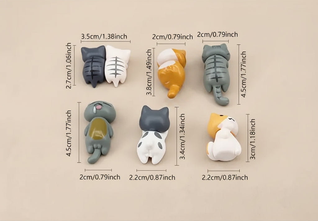 Set of small animal-shaped items with dimensions on a gray background