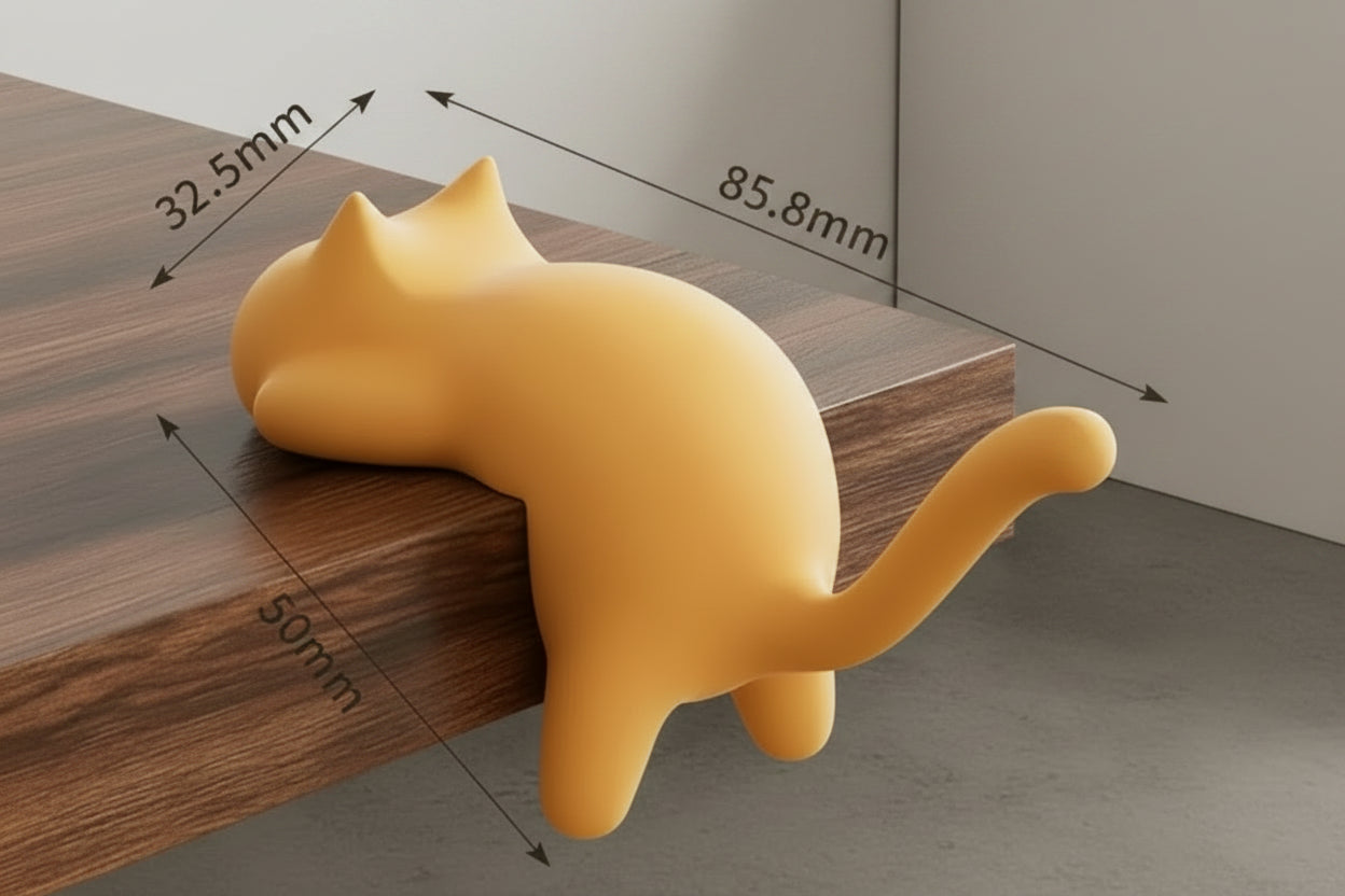 Yellow cat-shaped phone stand with measurements on a wooden desk