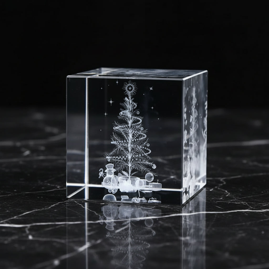 Clear crystal block with engraved Christmas tree design on a dark marble surface