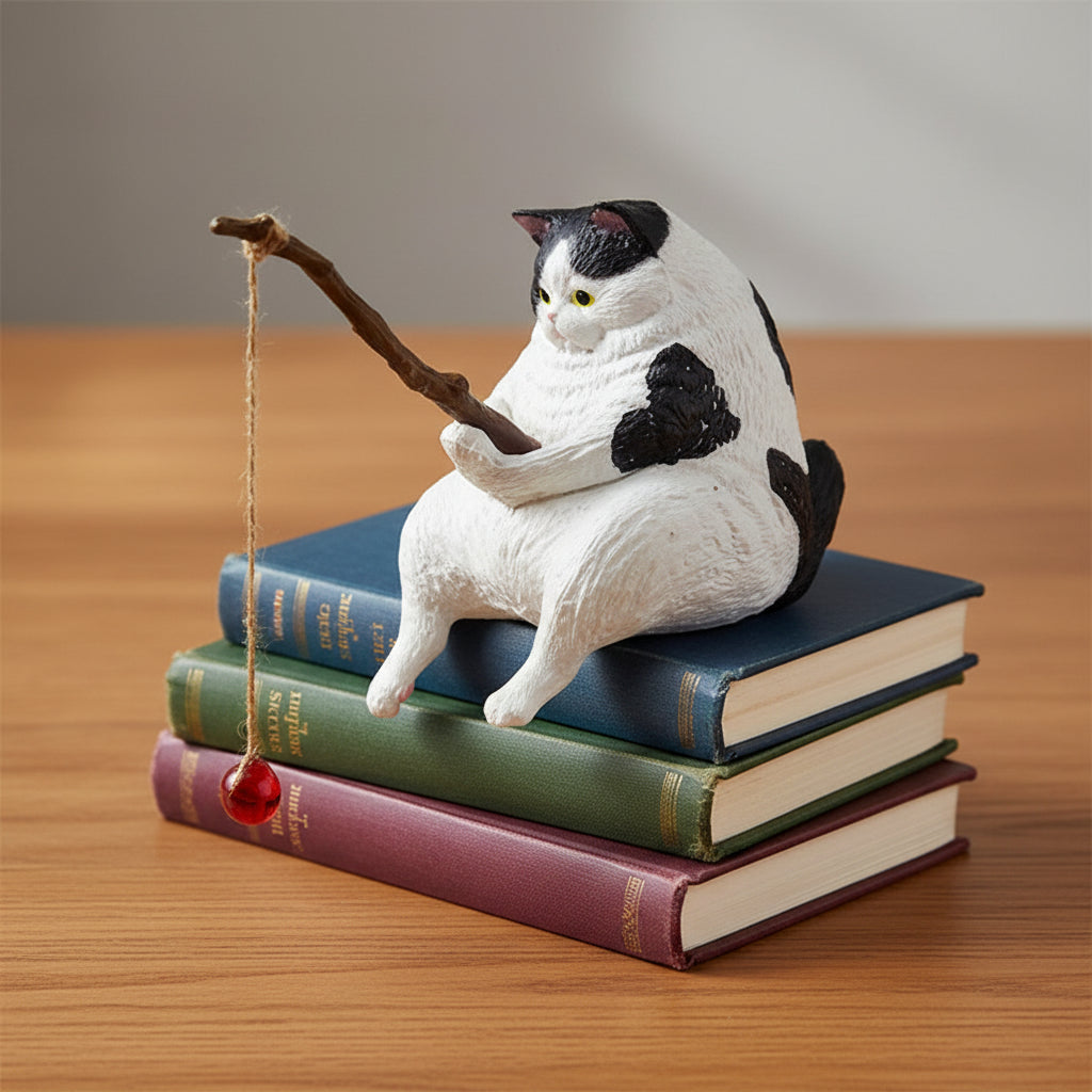 Cat toy resembling a cat playing with a branch and red ball on books