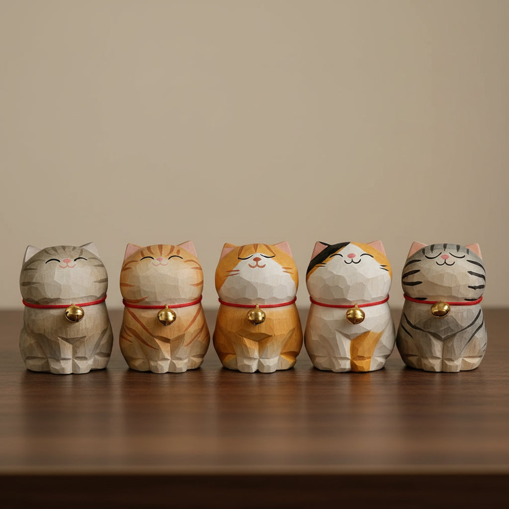 Five cat-shaped figurines with bell collars on a wooden surface.