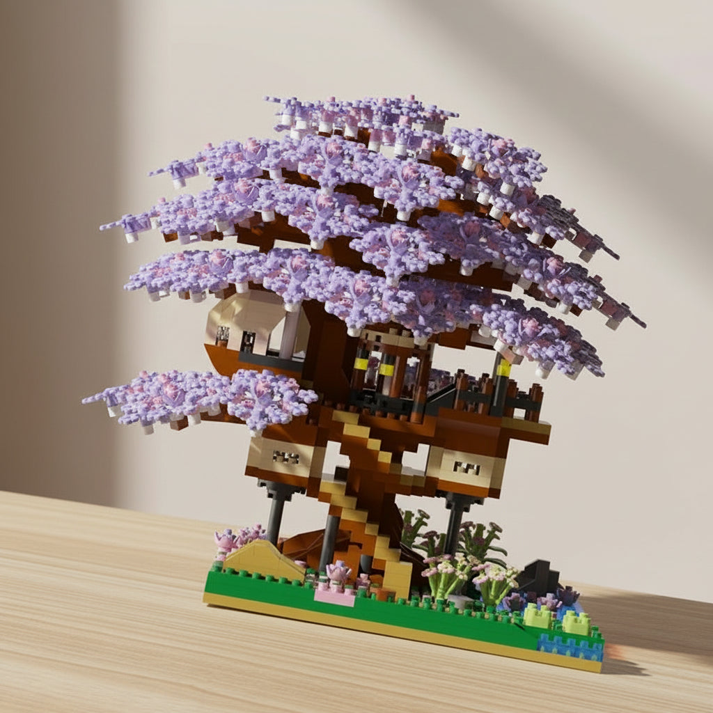 mini brick model of a cherry blossom tree with a house on a table