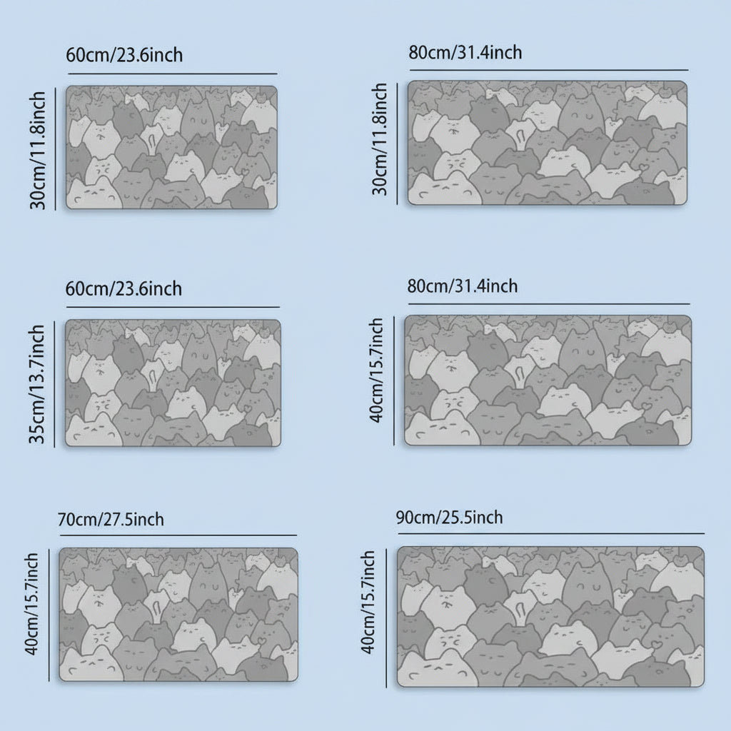 Measurement chart of gray catcamouflage-patterned mats with dimensions in centimeters and inches.