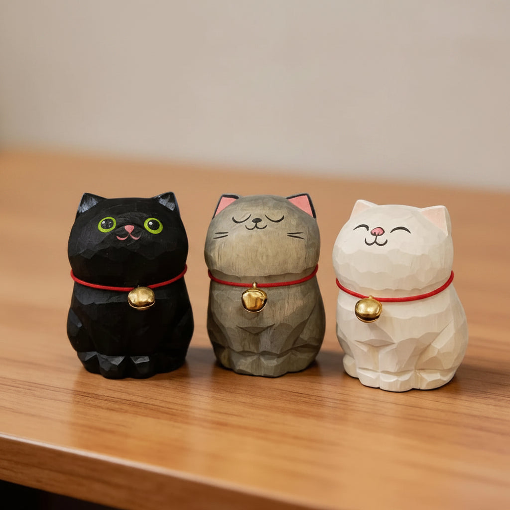 Three cat-shaped figurines with red strings and gold bells on a desk.