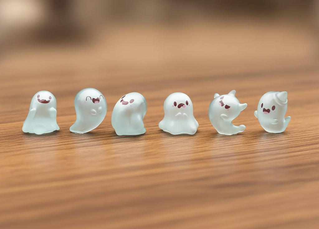 Six ghost-shaped objects with facial expressions on a blurred background