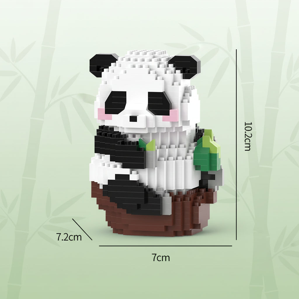 Panda-shaped building block with dimensions indicated on a white background