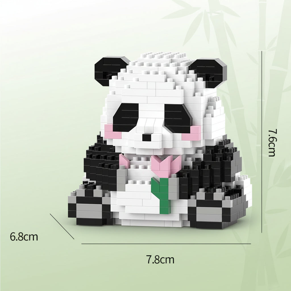 Panda-shaped building block toy with dimensions on a white background