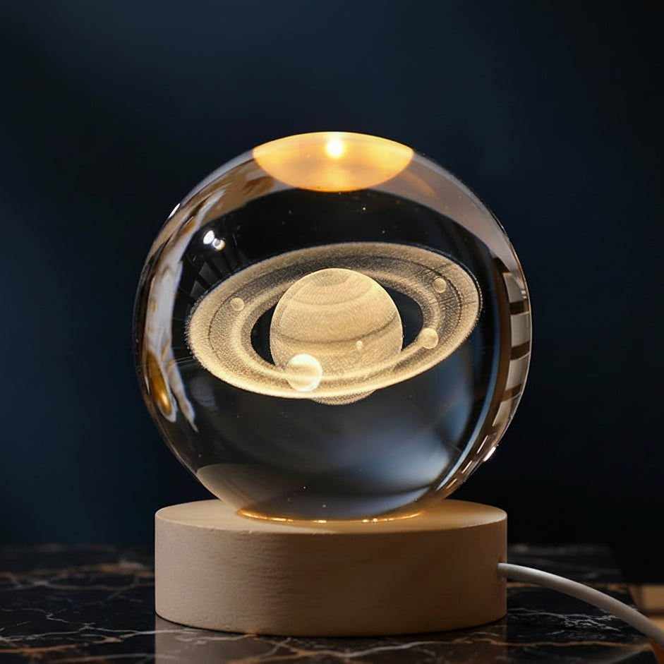 Glass orb with Saturn model on a wooden base against a dark background