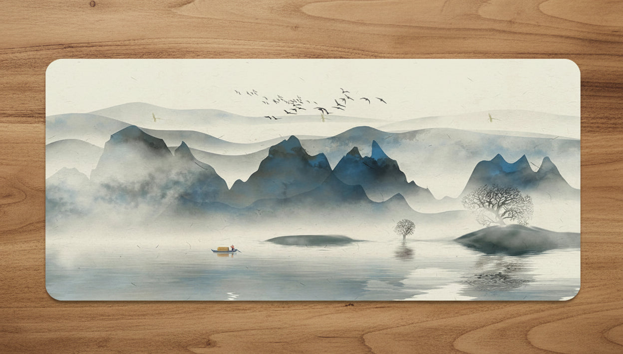 large desk mat featuring a mountain landscape