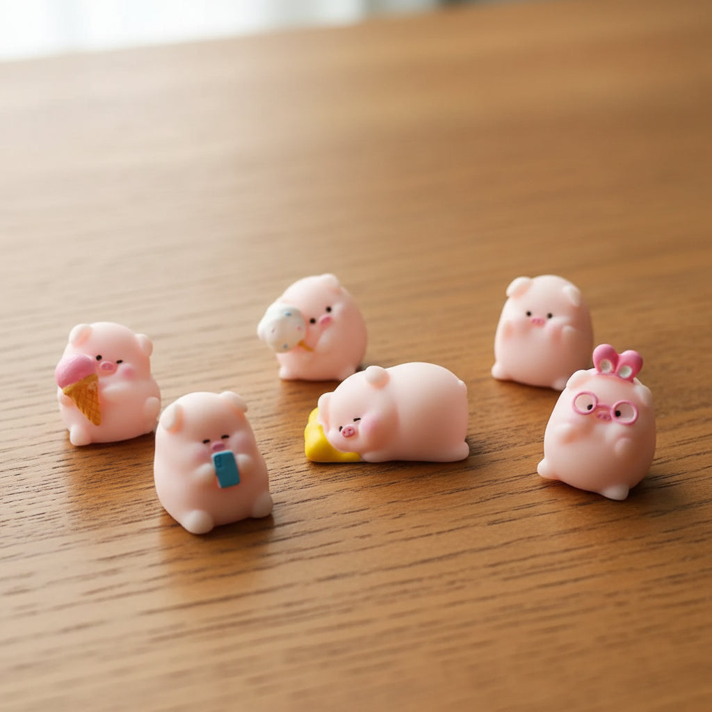 set of six pig figurines in different positions on a desk