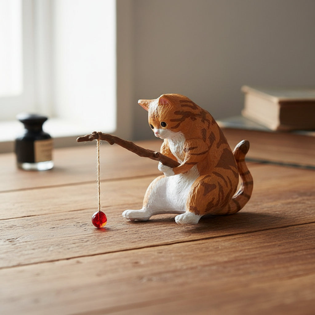 Cat-shaped toy with a dangling red ball on a desk