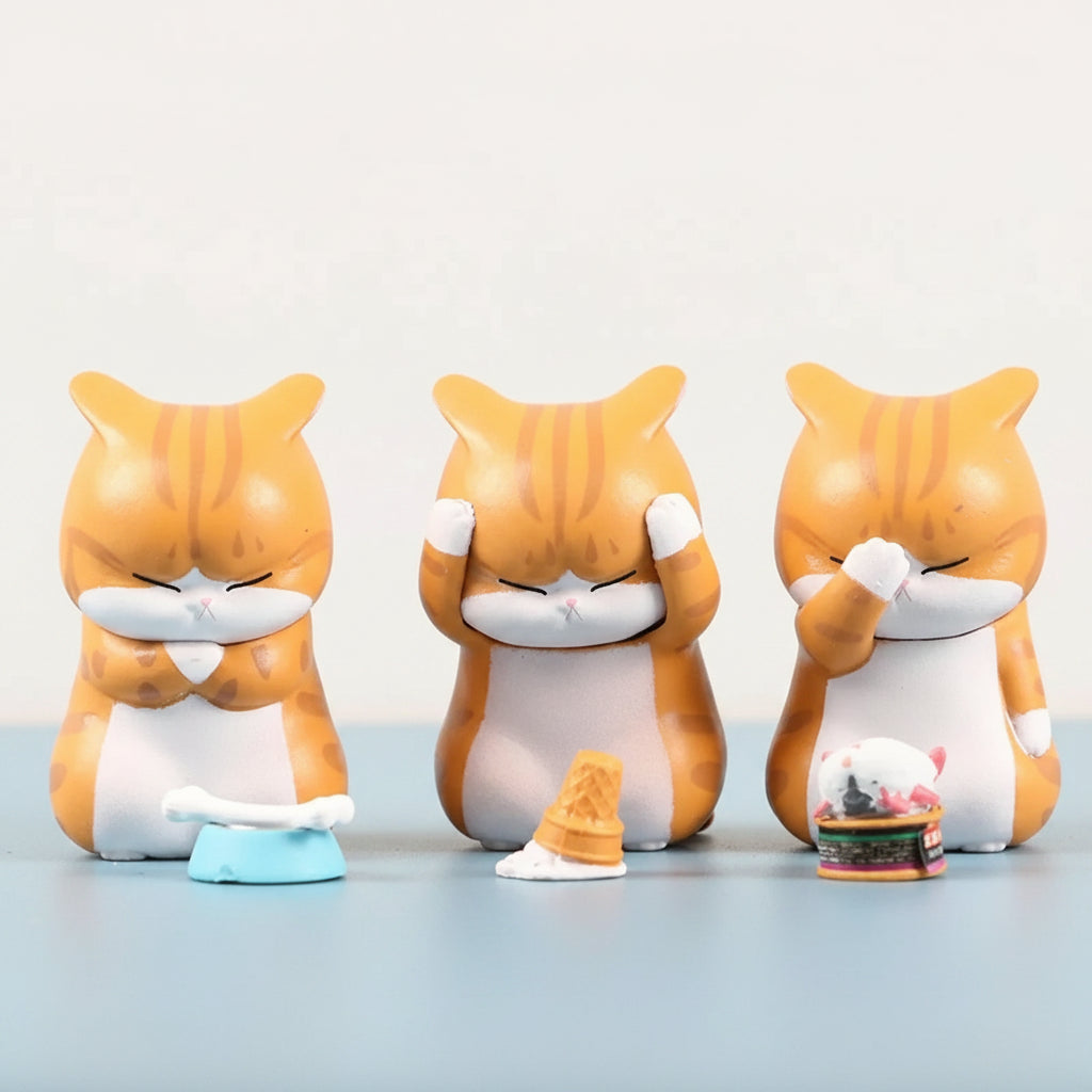 Three cartoon cat figurines with different poses in front of tiny food