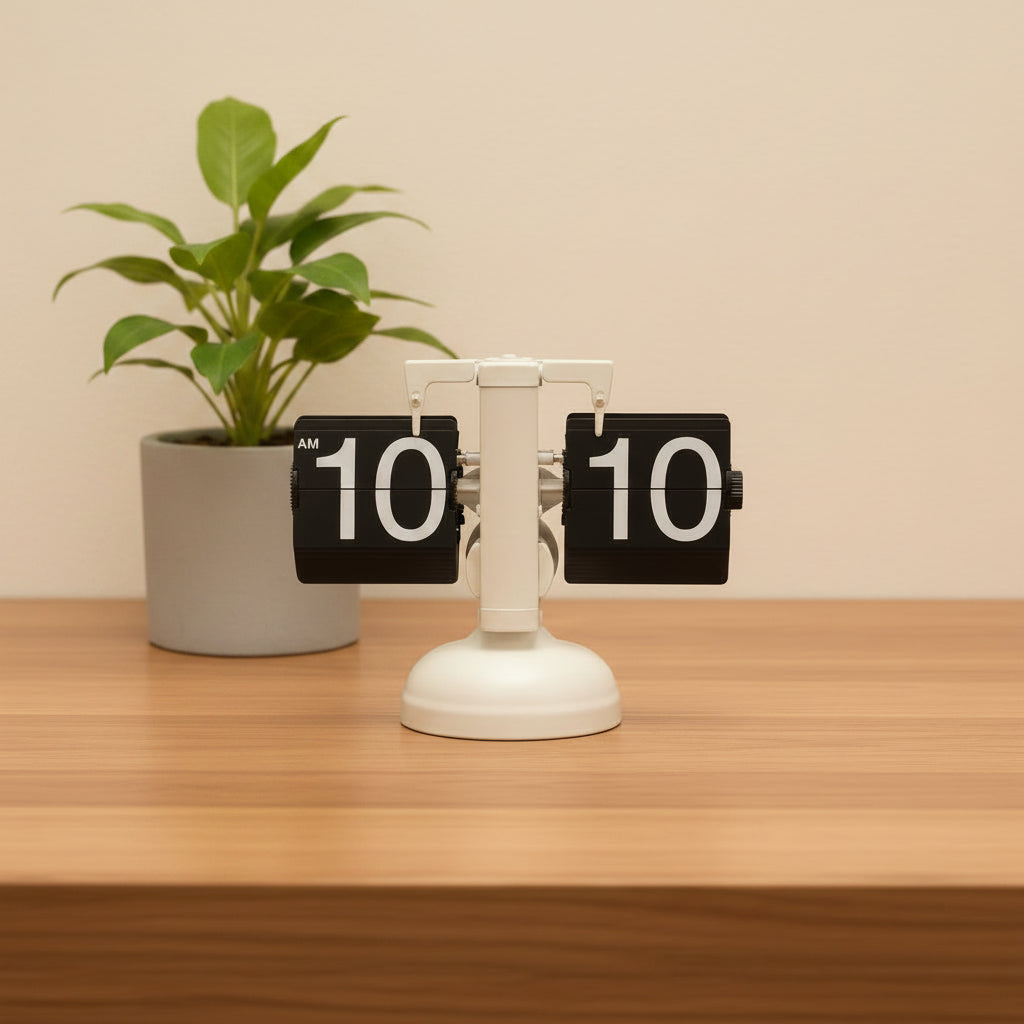 Flip clock on a desk with white base and block flip