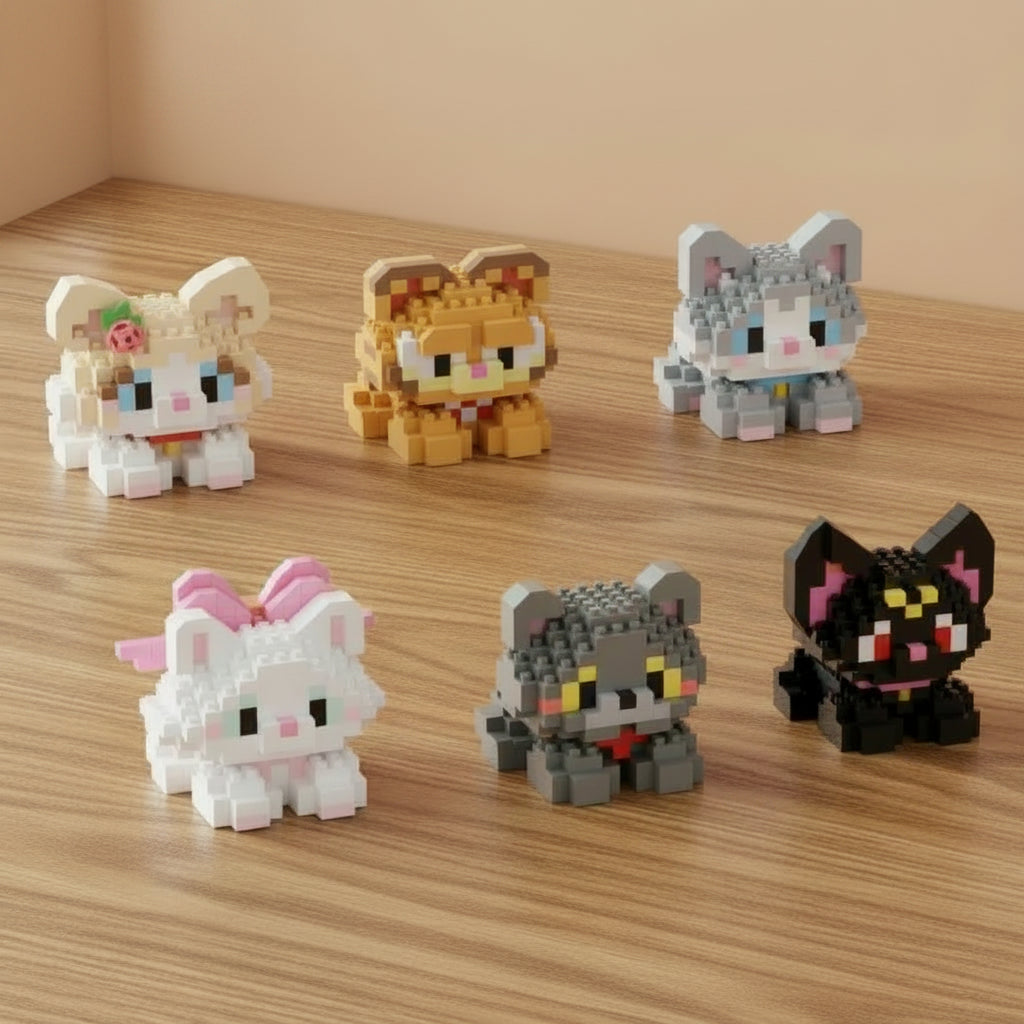 Small toy figures of cats on a white surface with a pink wall in the background