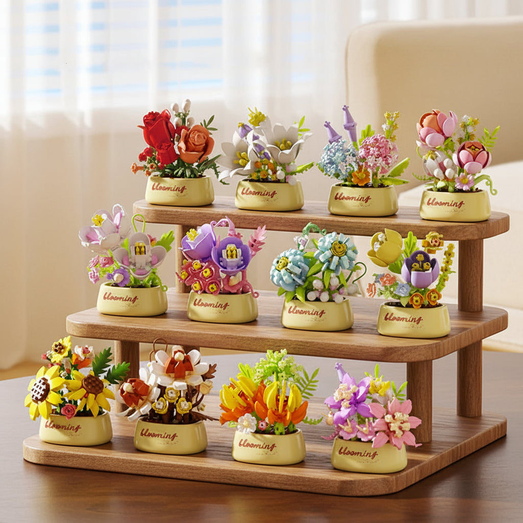 Set of colorful flower building blocks on a display stand with a light background.