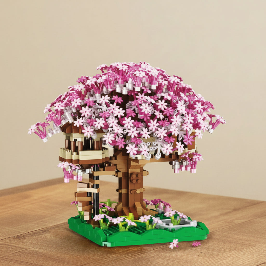 mini brick model of a treehouse with pink flowers on a wooden surface