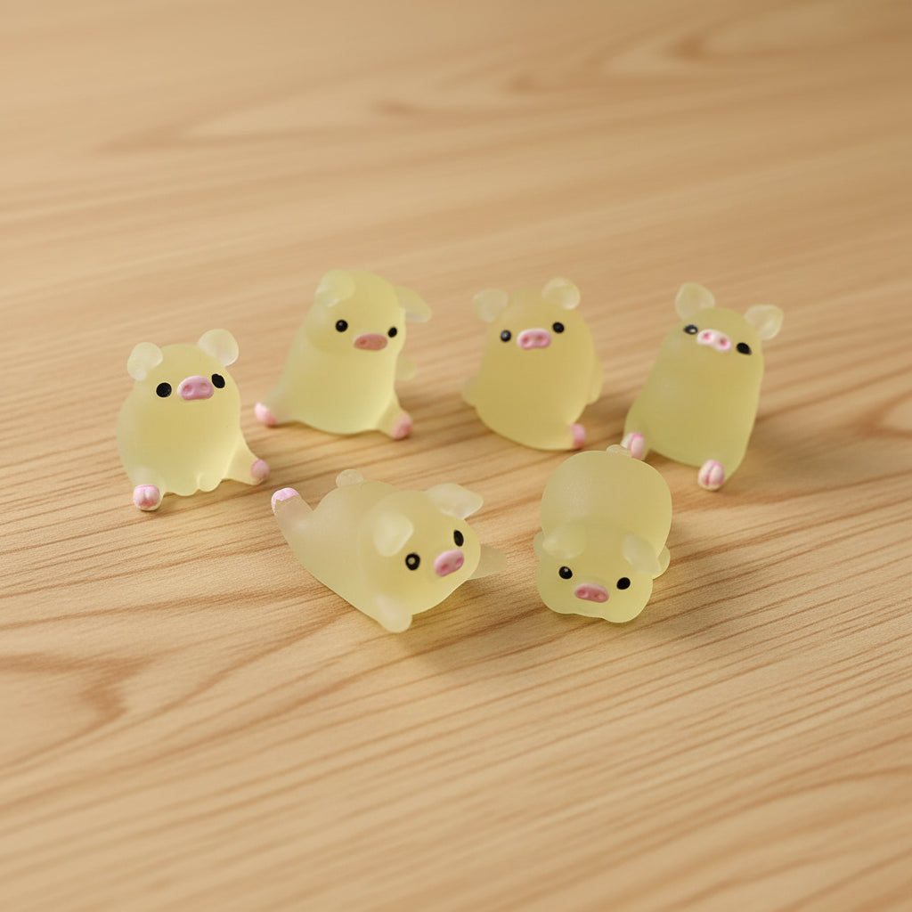 Six small yellow animal figurines with pink accents on a wood table