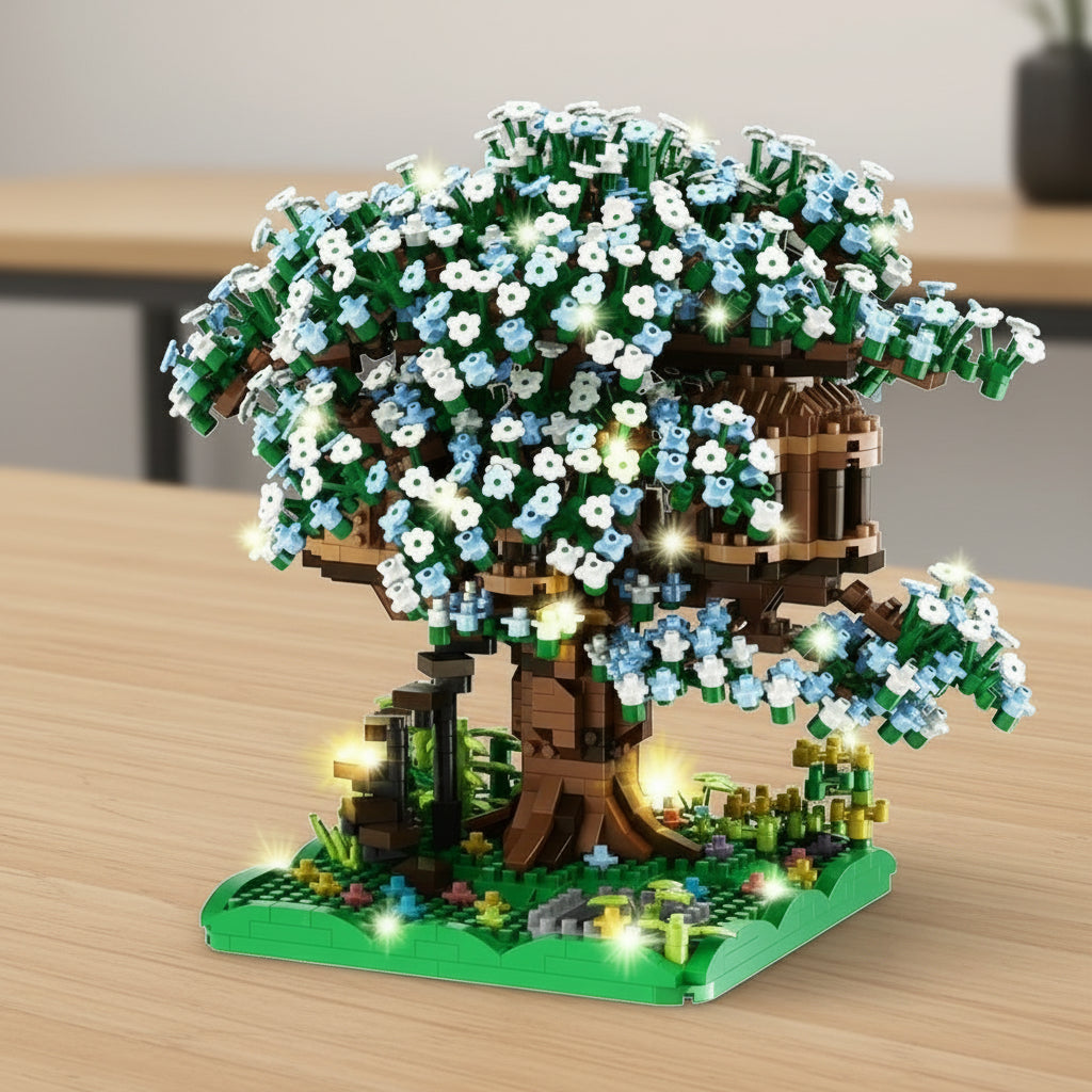 Toy treehouse with cherry blossom branches and lights on a table.