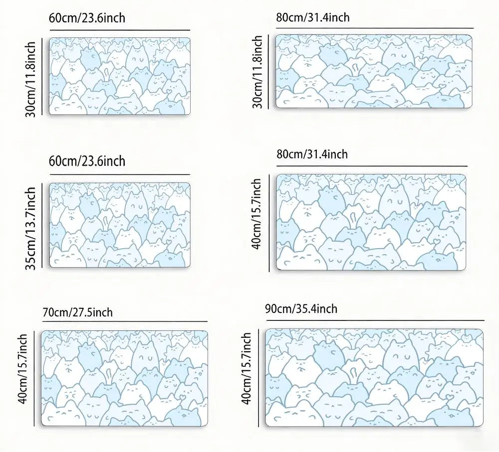 Measurement chart showing various sizes of blue cats patterned with thickness details.