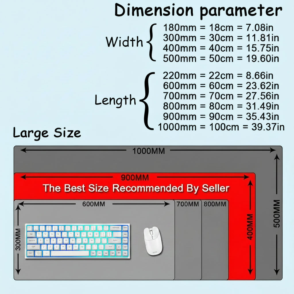 Diagram showing dimensions of a desk with measurements in millimeters and inches, and a recommended size by the seller.