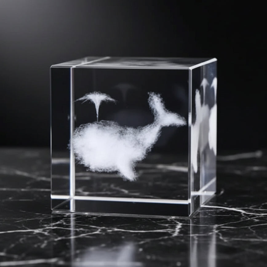 Crystal block with a 3D laser engraving of a whale on a dark surface
