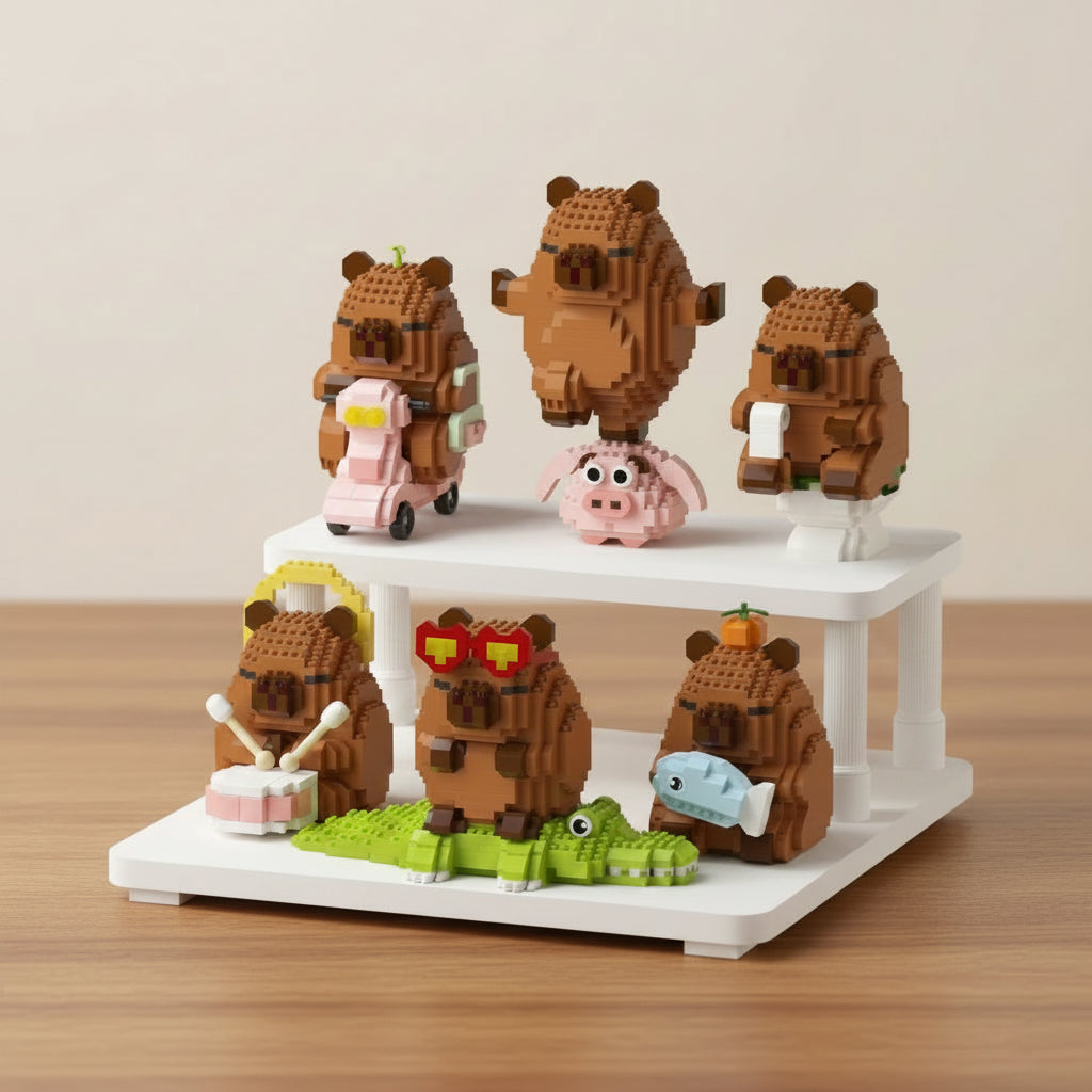 Collection of animal-themed building block figures on a wooden stand.