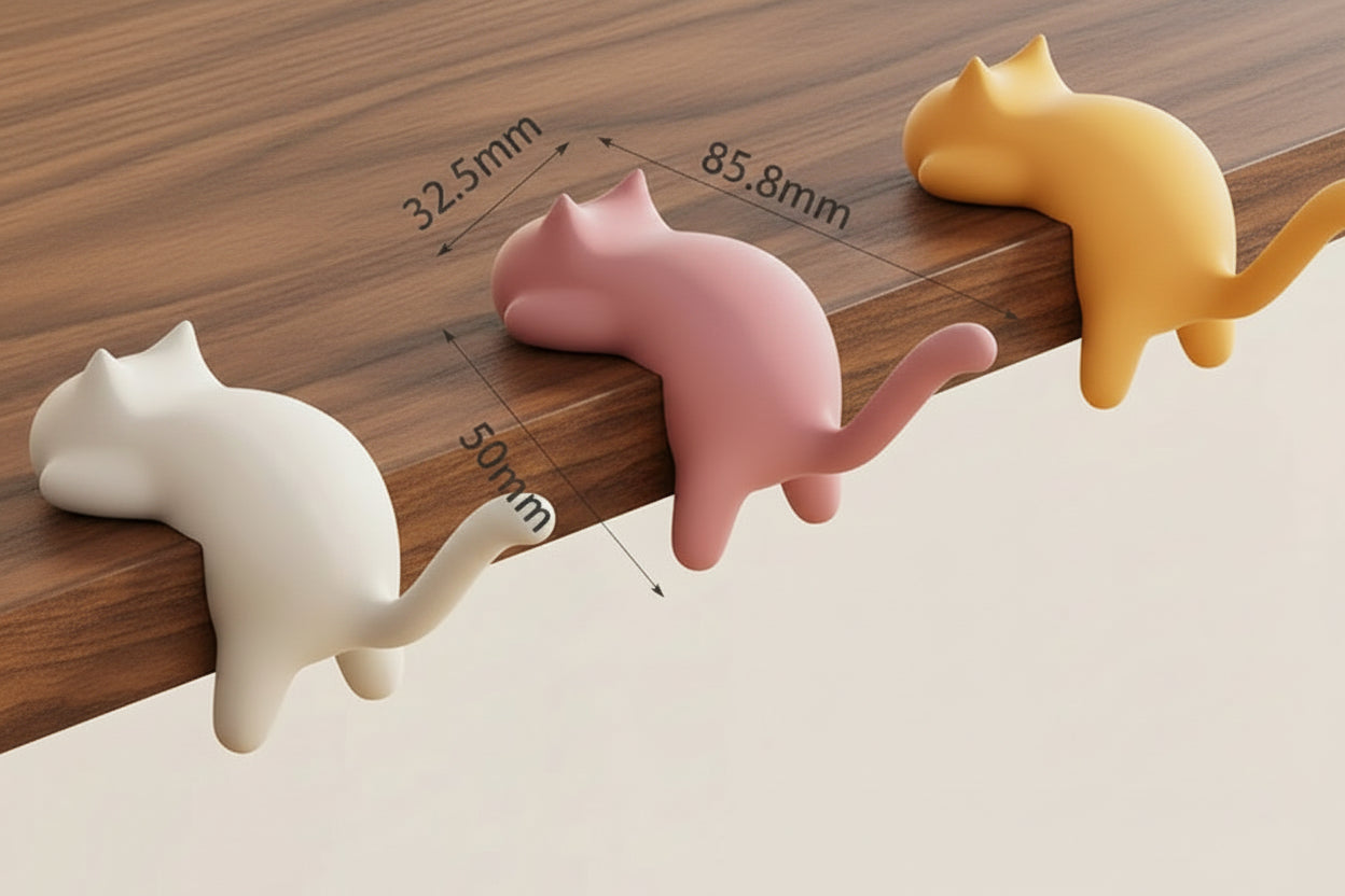 Three cat-shaped desk organizers in different colors with measurements on a wooden surface.