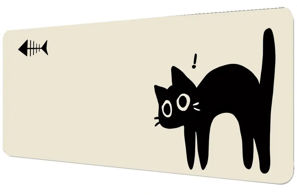 desk mat with a black cat illustration and fish icon on a beige background