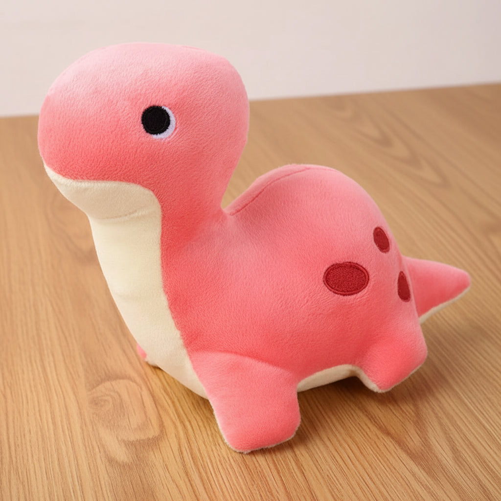 Pink dinosaur plush toy on a light background