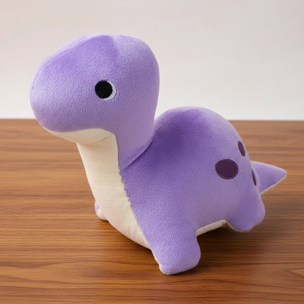 Purple dinosaur plush toy on a light gray background