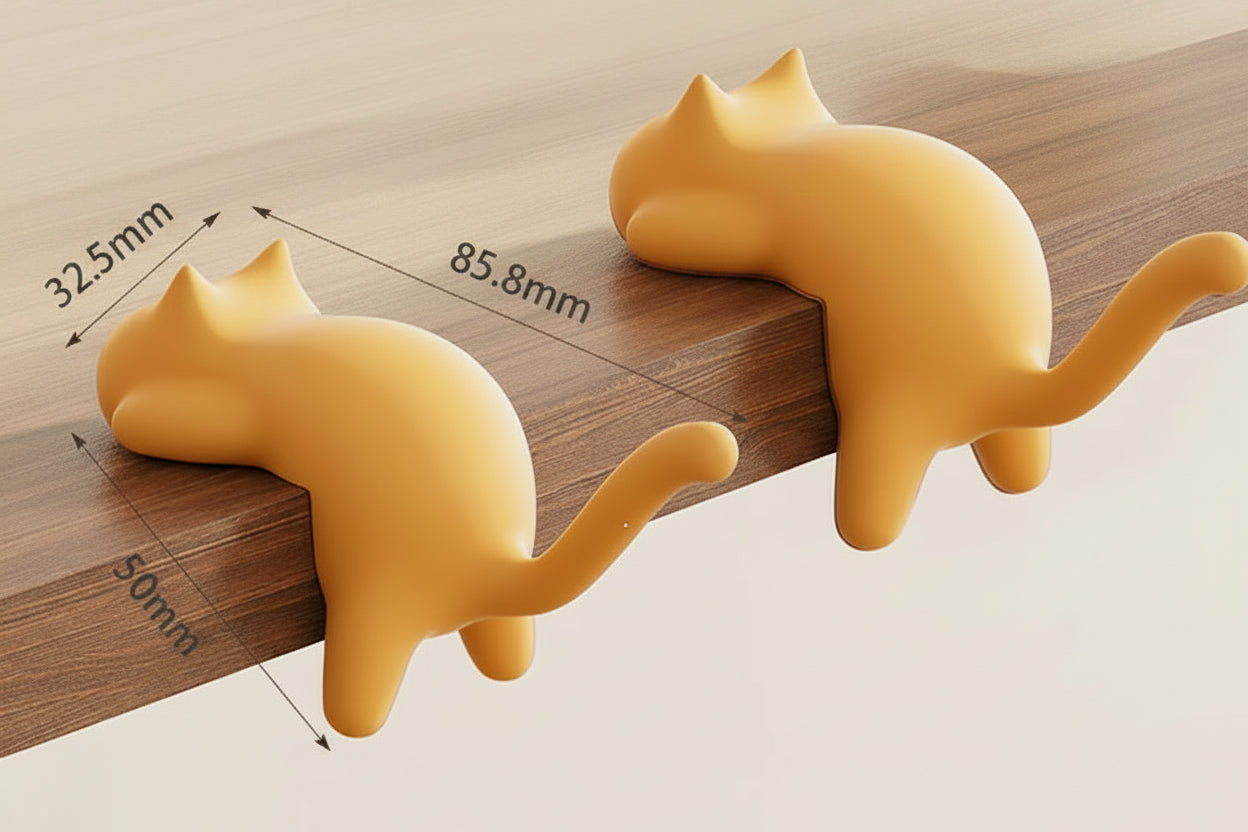 Cat-shaped table side hook with measurements on a wooden surface