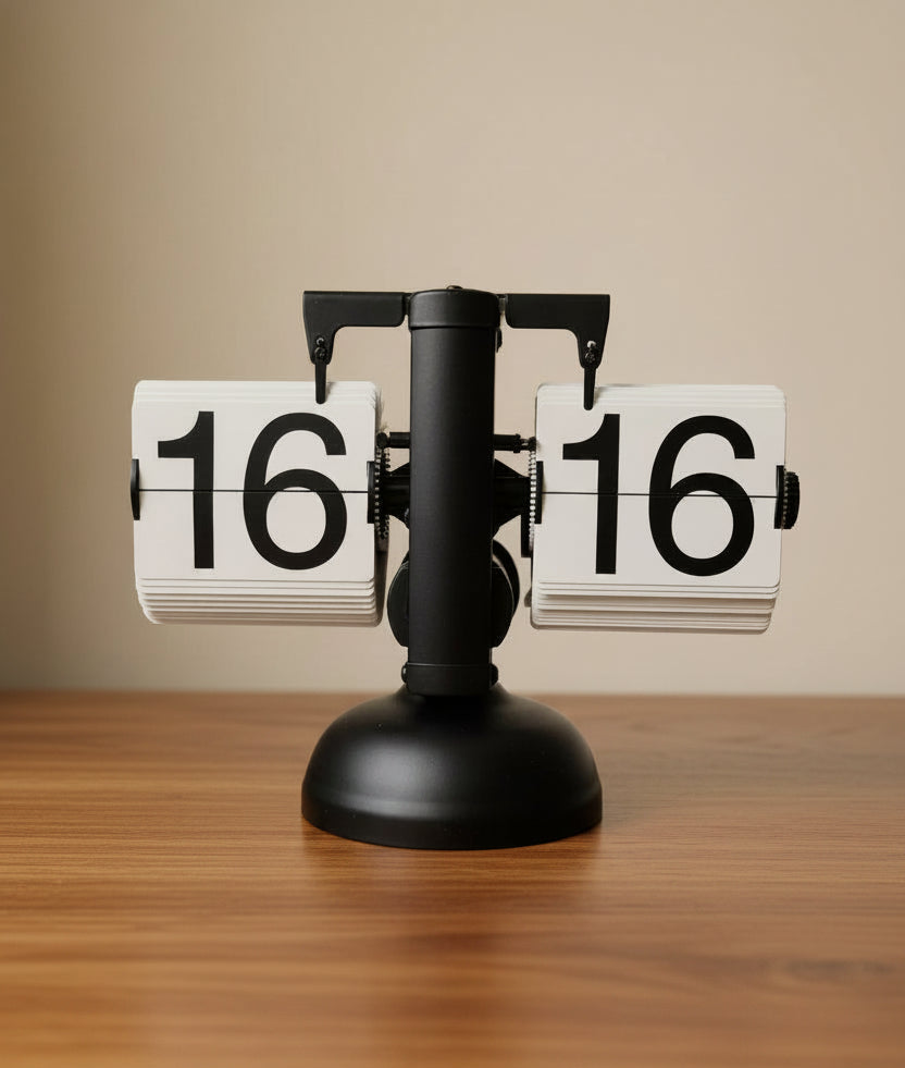 Vintage-style clock with flip-up numbers on a wooden surface