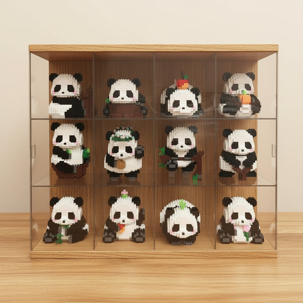 Collection of panda-themed building block figures displayed in a clear case.