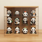 Collection of panda-themed building block figures displayed in a clear case.