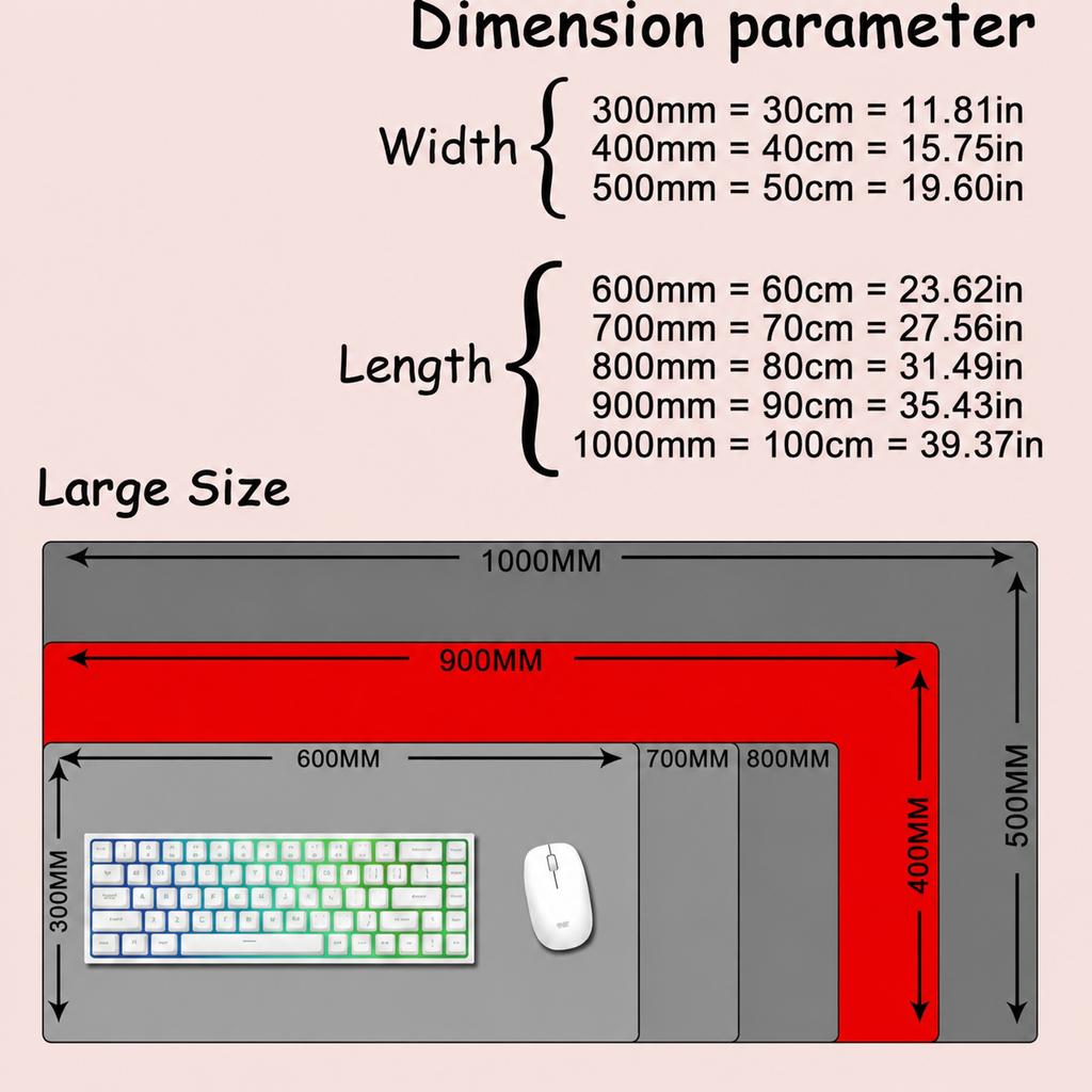 Measurement chart of a large desk with dimensions labeled