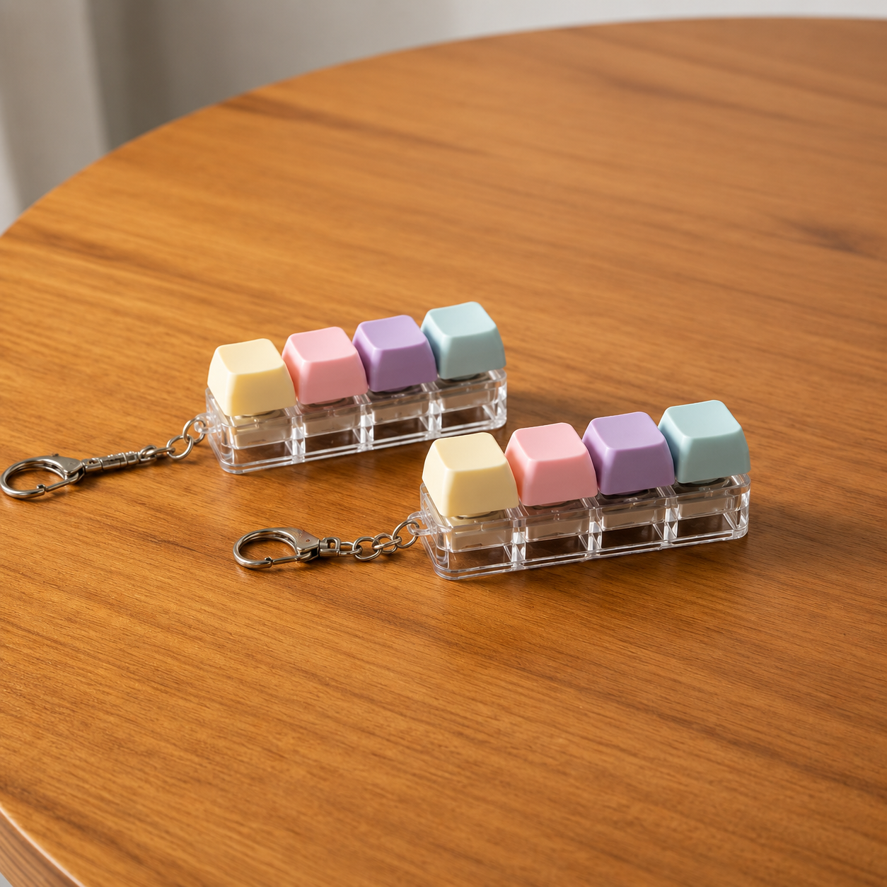 Two 4pc colourful clicky keyboard keychains on a wooden surface